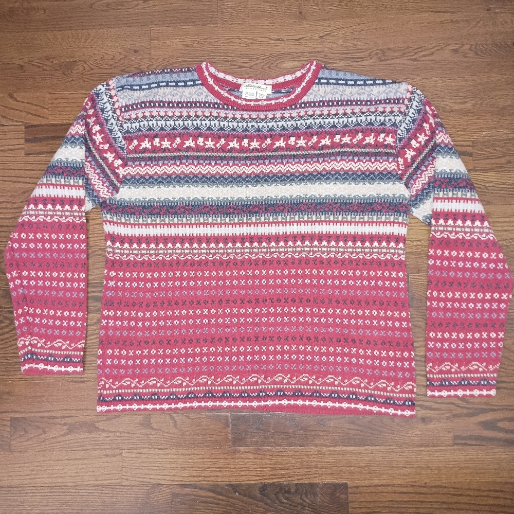Womens Eddie Bauer Red Blue Beige Fair Isle Sweater Size Large Made in USA